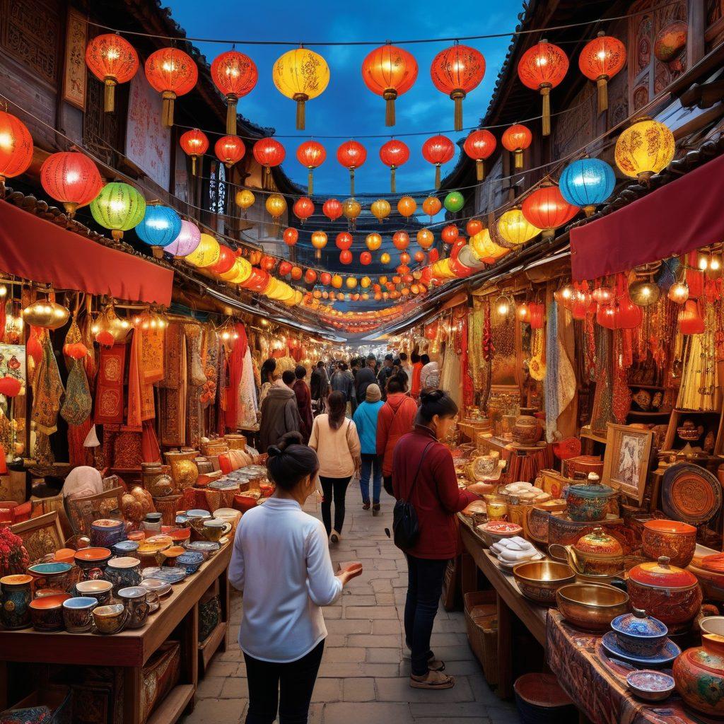 A bustling marketplace filled with diverse individuals shopping for colorful Chinese products, showcasing vibrant textiles, tea sets, and unique crafts. Include a digital globe in the background symbolizing global trade. The scene should radiate a sense of cultural fusion and excitement in the shopping experience. super-realistic. vibrant colors. detailed background.