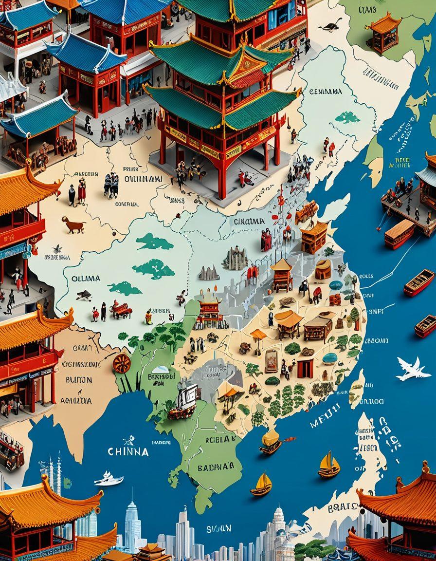 A visually stunning, layered map of China with highlighted regions representing major manufacturing hubs, surrounded by icons of traditional Chinese products like silk, jade, and tea. Alongside, an illustrated guide showing a diverse group of international shoppers enthusiastically exploring options at a bustling marketplace filled with colorful stalls and digital screens displaying information. The scene is vibrant and inviting, capturing the spirit of global commerce and cultural exchange. super-realistic. vibrant colors. detailed elements.
